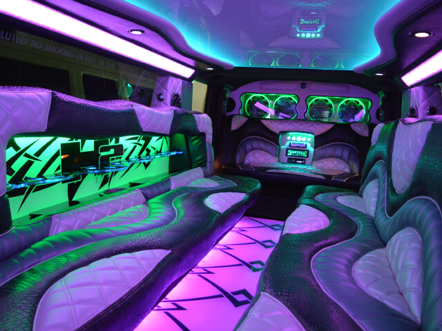 limo bus interior with great sound system and colorful LED lights