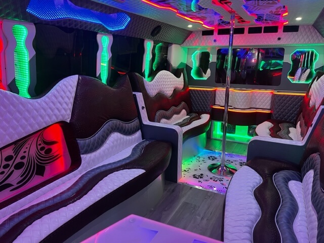 40-Passenger Party Bus with dance poles and comfortable leather seats